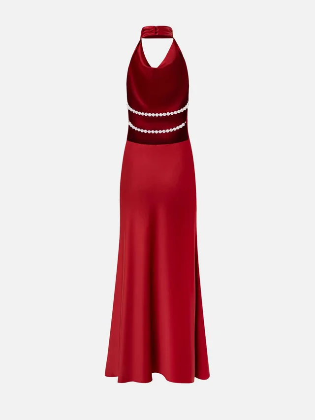 Satin Sexy V neck Pearl Backless Halter Dress Red - Shop at LoveMi