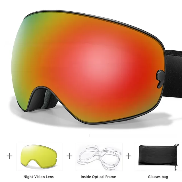 Men's And Women's Anti fog Card Myopia Glasses Coated Large Spherical Eye Protection Ski Mountaineering Equipment Black Frame Red Film - Shop at LoveMi