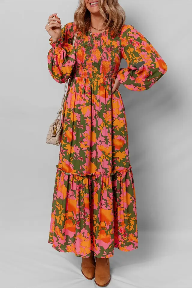 Orange Floral Puff Sleeve Smocked Bodice Ruffled Long Dress Orange - Shop at LoveMi