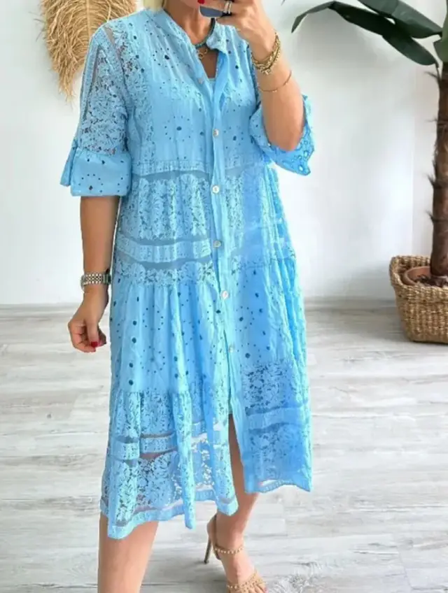 Solid Color And V neck Button Stitching Lace Dress Blue - Shop at LoveMi