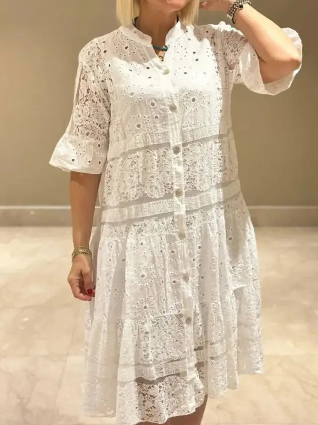 Solid Color And V neck Button Stitching Lace Dress White - Shop at LoveMi