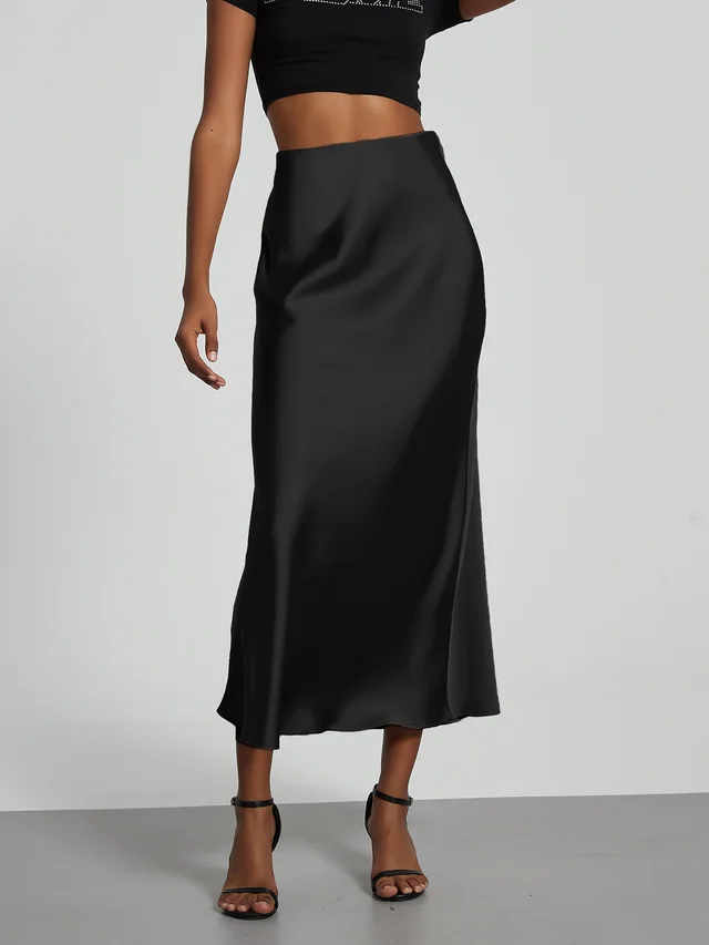European And American Style Elegant Texture Satin Slimming Straight Mid length Skirt Black - Shop at LoveMi