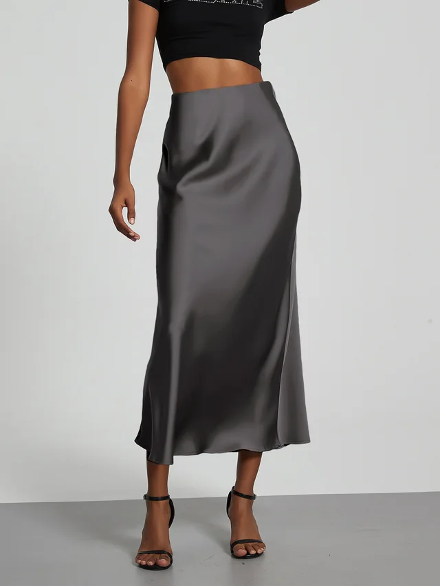 European And American Style Elegant Texture Satin Slimming Straight Mid length Skirt Dark Gray - Shop at LoveMi
