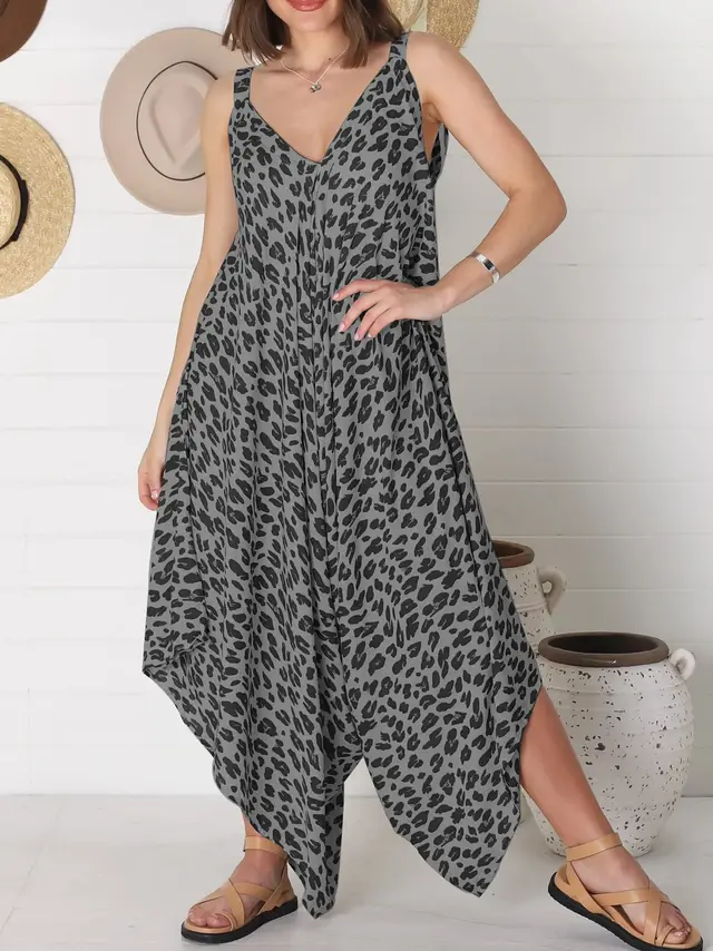Suspender Leopard Print Wide Leg Jumpsuit Gray - Shop at LoveMi