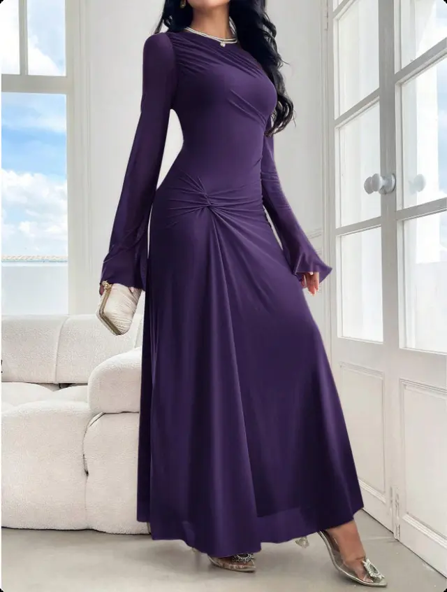 New Trumpet Sleeve Slim fit Elegant High elasticity Fashionable Dress Purple - Shop at LoveMi