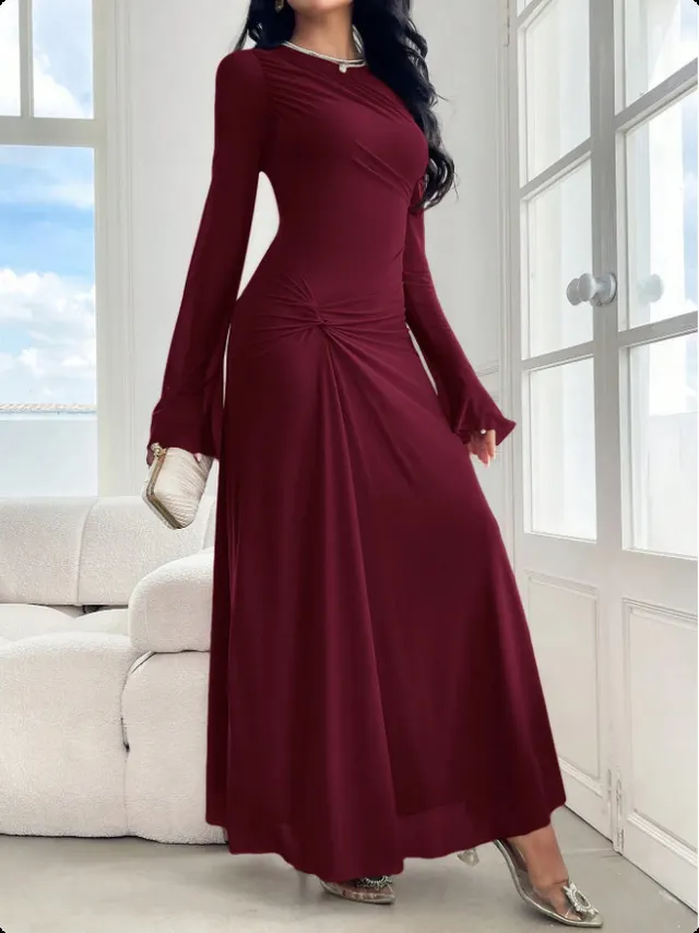 New Trumpet Sleeve Slim fit Elegant High elasticity Fashionable Dress Wine Red - Shop at LoveMi