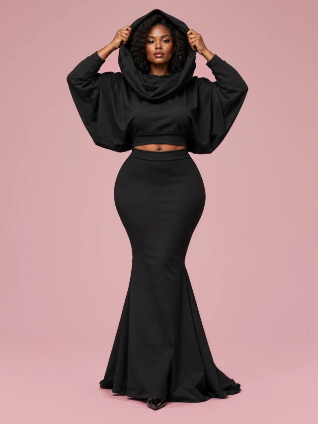 European And American Fitted Hooded Fishtail Dress Set Black - Shop at LoveMi