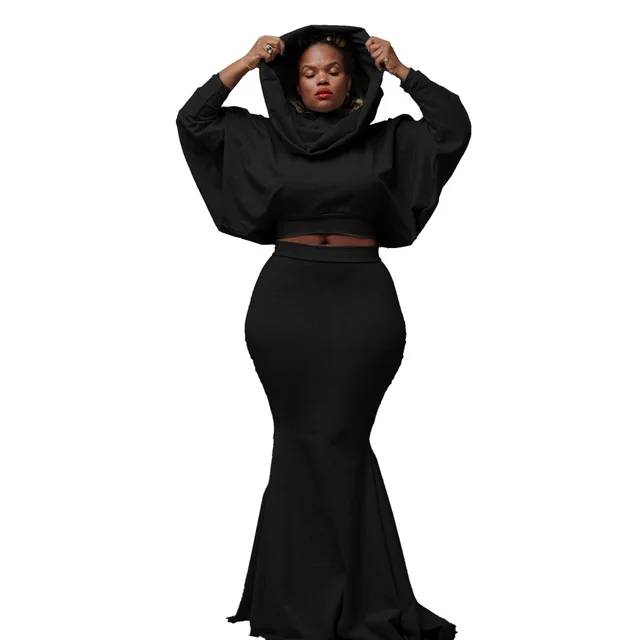 European And American Fitted Hooded Fishtail Dress Set Black - Shop at LoveMi