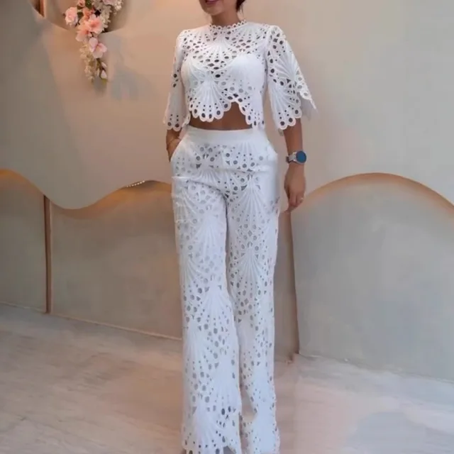 White Short Hollow Lace Fabric Short Sleeve Top Suit Slim Fit White - Shop at LoveMi