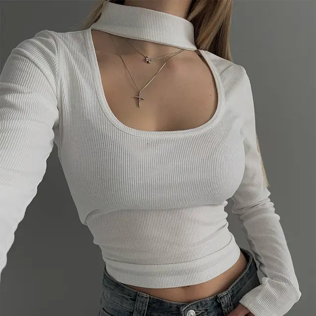Black And White Hollow out U neck Low cut Long sleeved T shirt White - Shop at LoveMi