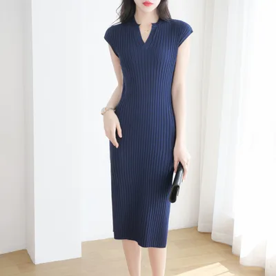 French Retro Short sleeved Knitted Dress Navy Blue - Shop at LoveMi