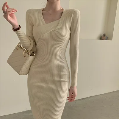 A Mid length French Sweater Dress That Reaches The Knees As An Inner Layer Apricot Beige - Shop at LoveMi