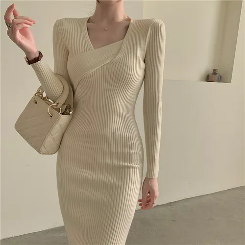 A Mid length French Sweater Dress That Reaches The Knees As An Inner Layer Apricot - Shop at LoveMi