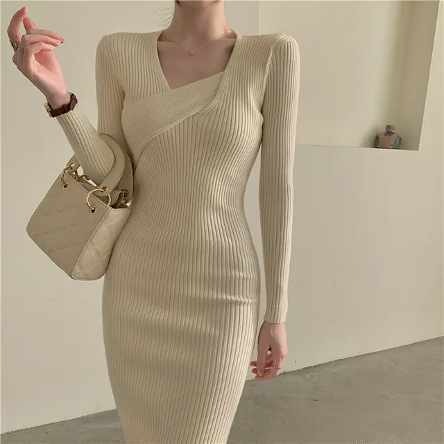 A Mid length French Sweater Dress That Reaches The Knees As An Inner Layer Apricot Beige - Shop at LoveMi