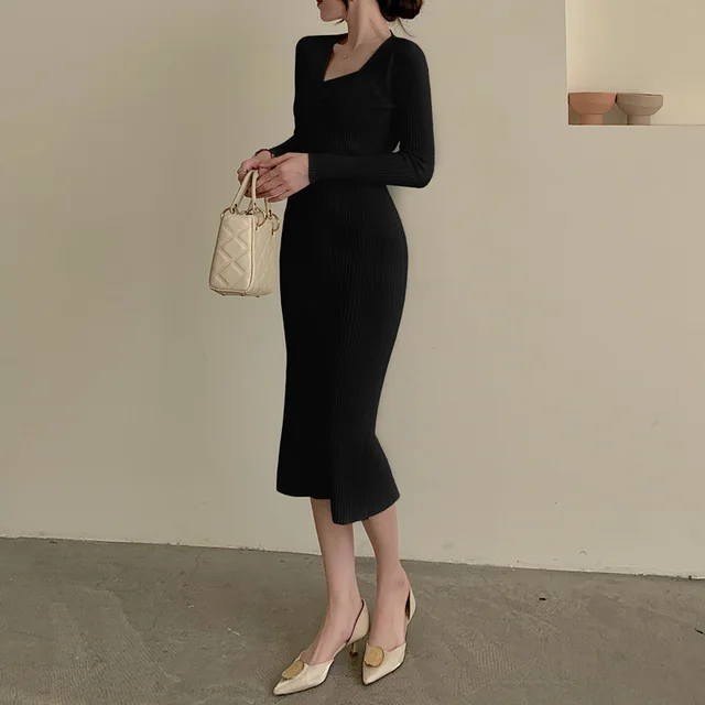 A Mid length French Sweater Dress That Reaches The Knees As An Inner Layer Black - Shop at LoveMi