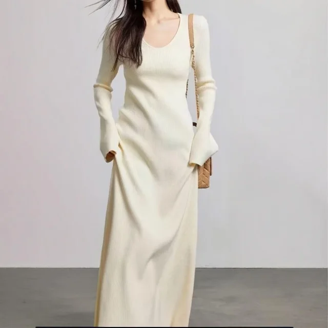 A French High end Look Paired With A Coat And A Long Knitted Dress Apricot Beige - Shop at LoveMi