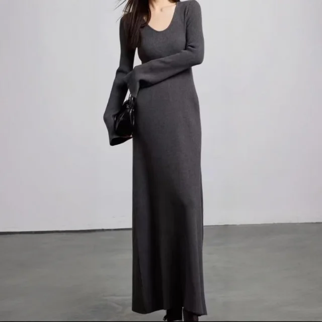 A French High end Look Paired With A Coat And A Long Knitted Dress Gray - Shop at LoveMi