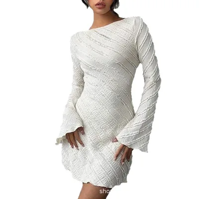 White Knitted Fabric Boat Neck A line Back Tie Dress - Shop at LoveMi