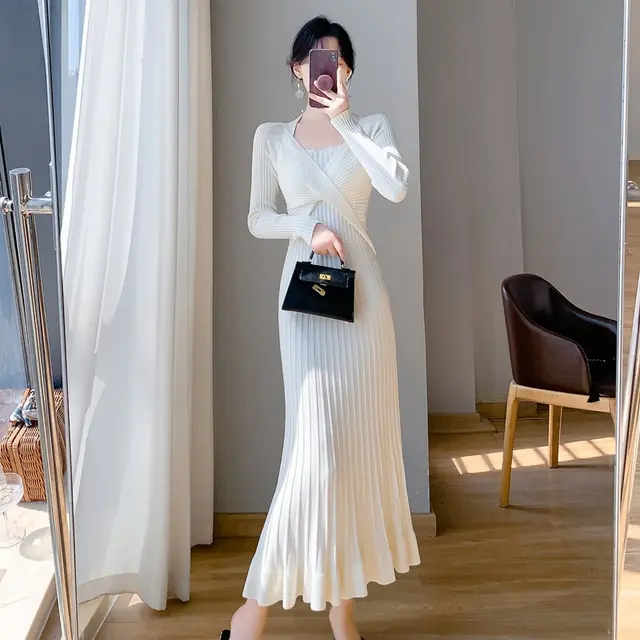 French Long Body hugging Knitted Dress Apricot Beige - Shop at LoveMi