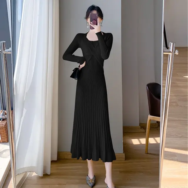 French Long Body hugging Knitted Dress Black - Shop at LoveMi