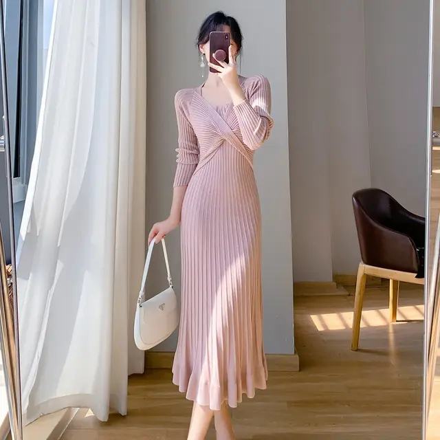 French Long Body hugging Knitted Dress Pink - Shop at LoveMi