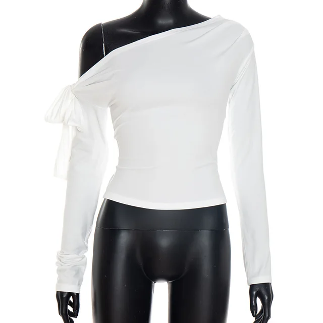 New Pleated One shoulder Twisted Knot Tie Asymmetric Long Sleeve T shirt White - Shop at LoveMi