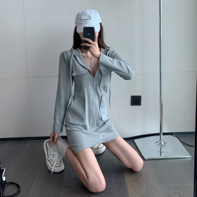 Spring And Autumn New Women's Mid length Hooded Zip up Sweatshirt Gray - Shop at LoveMi