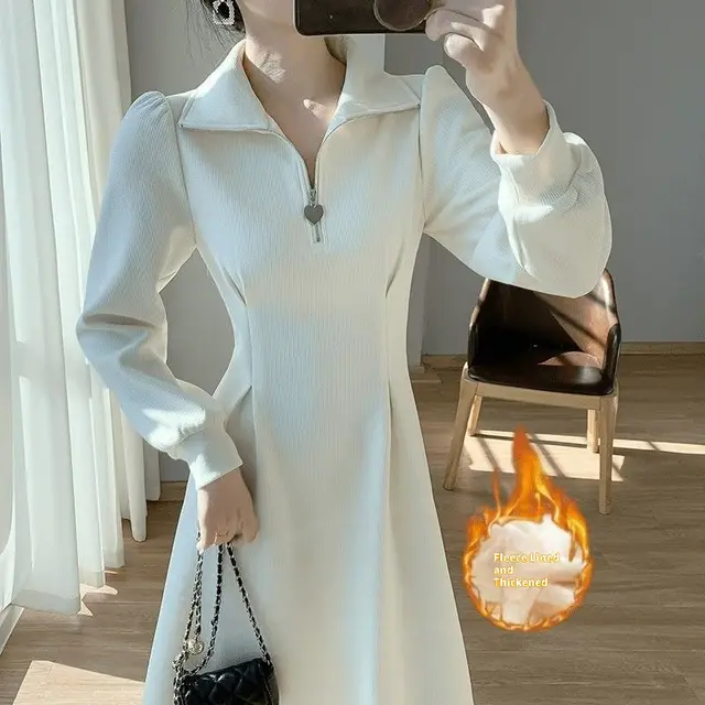 Spring And Autumn Gentle Design Sense Waist cinching Slim fit Inner Long Dress Beige - Shop at LoveMi