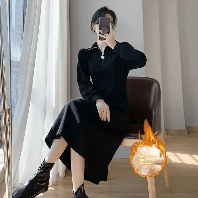 Spring And Autumn Gentle Design Sense Waist cinching Slim fit Inner Long Dress Black - Shop at LoveMi