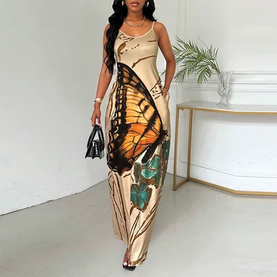 Strappy Dress Butterfly Print One step Skirt Khaki - Shop at LoveMi