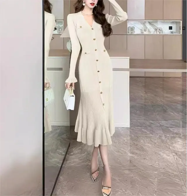 Autumn And Winter New French Temperament Socialite Ruffle Dress For Women Apricot Beige - Shop at LoveMi