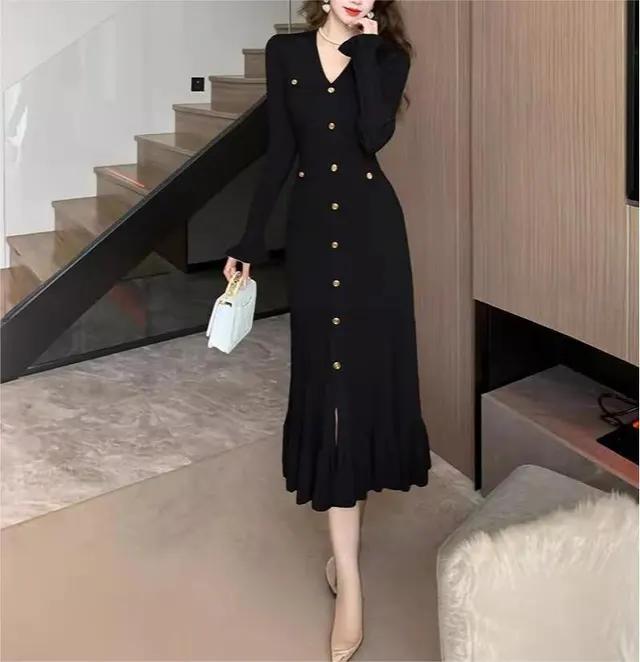 Autumn And Winter New French Temperament Socialite Ruffle Dress For Women Black - Shop at LoveMi