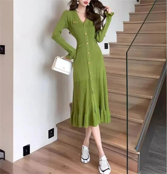 Autumn And Winter New French Temperament Socialite Ruffle Dress For Women Green - Shop at LoveMi