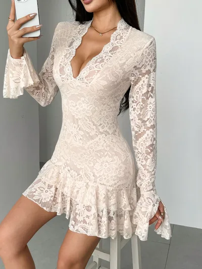 New Lace V neck Double layer Ruffled Slim fit Mermaid Dress Apricot Beige - Shop at LoveMi