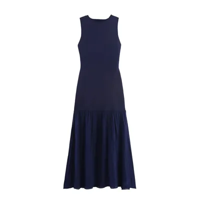 European And American Style Knitted Sleeveless Long Dress Navy Blue - Shop at LoveMi