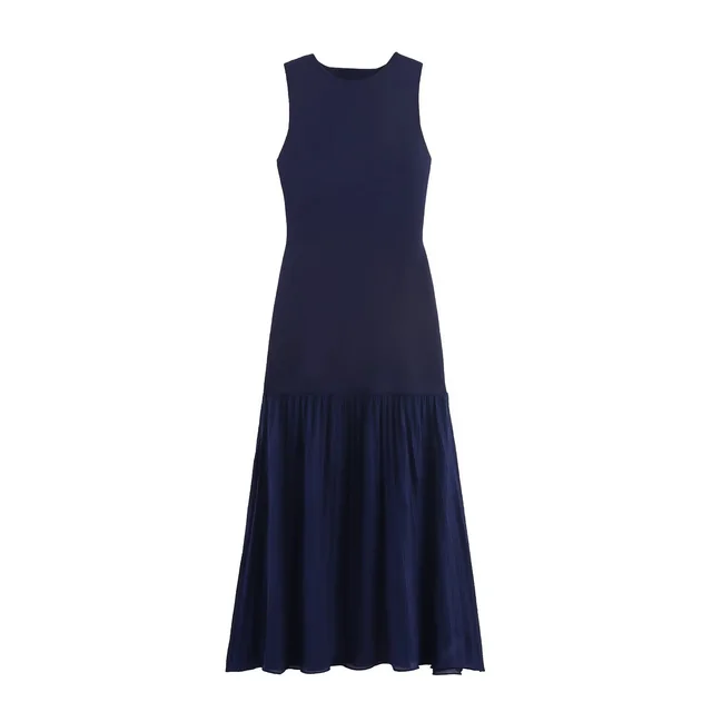 European And American Style Knitted Sleeveless Long Dress Navy Blue - Shop at LoveMi