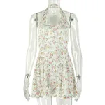 Mini Print Spot Halter U-neck Short Simple Dress - Floral