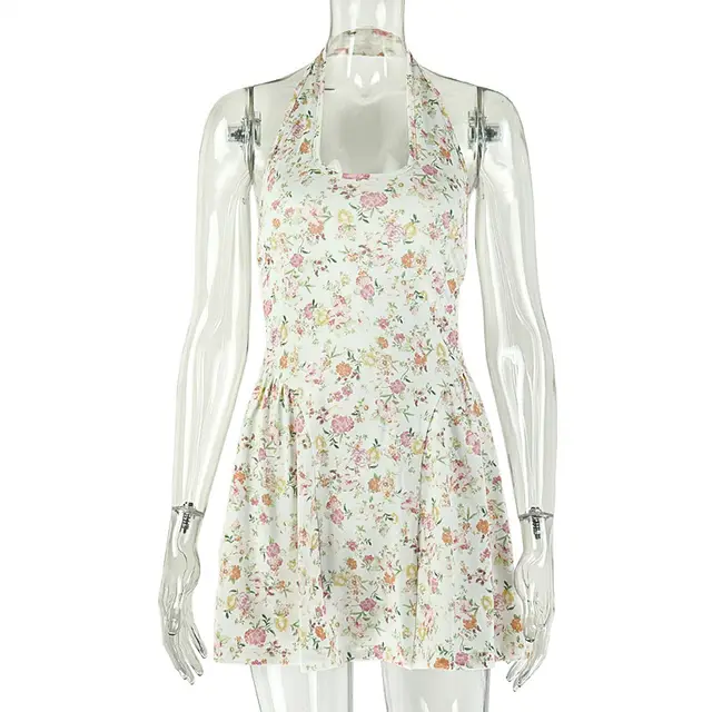 Mini Print Spot Halter U neck Short Simple Dress White Floral - Shop at LoveMi