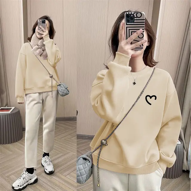 Autumn And Winter Thickened Sleeveless European Loose Love Long sleeved Top Apricot - Shop at LoveMi