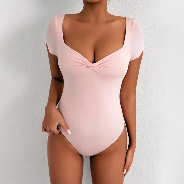 Fashion V neck Tight Hot Girl Short sleeved Bodysuit Light Pink - Shop at LoveMi