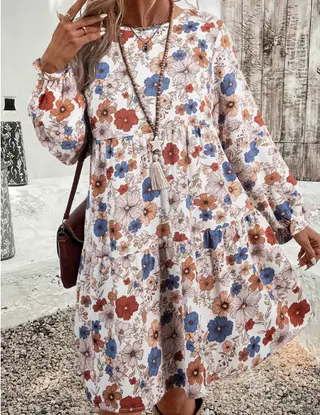 Khaki Cascading Floral Round-neck Ruffled Long-sleeve Dress - Khaki