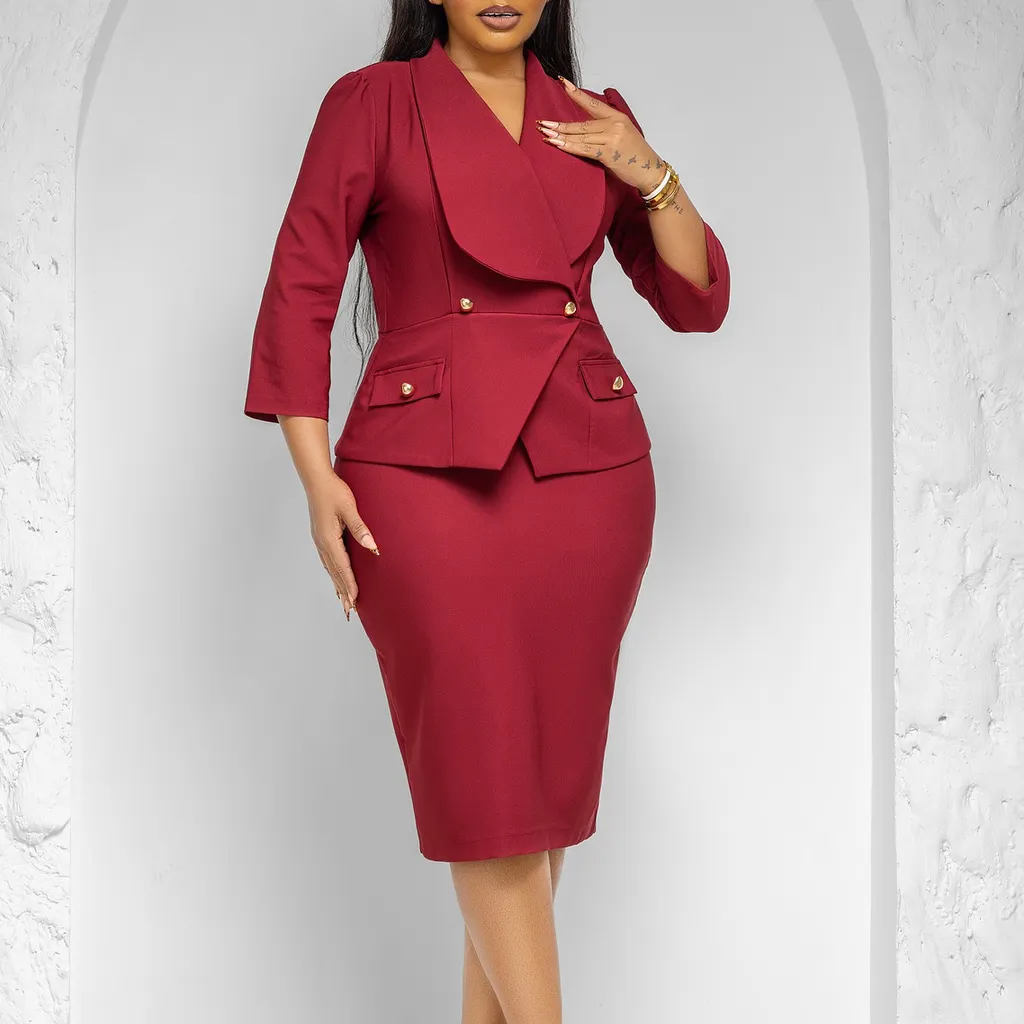 Fashionable Temperament Large Lapel Three-quarter Sleeve Commuter Dress - Red