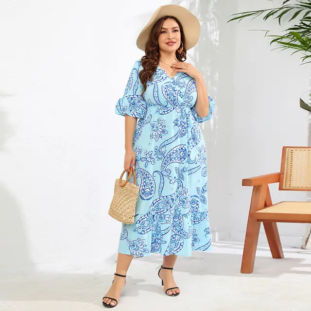 Casual Vacation Plus size Flared Sleeve Maxi Dress Light Blue - Shop at LoveMi