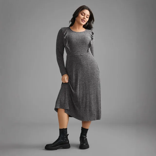 Casual Ruffled Long Sleeve Loose Round Neck Knitted Dress Gray Grey - Shop at LoveMi