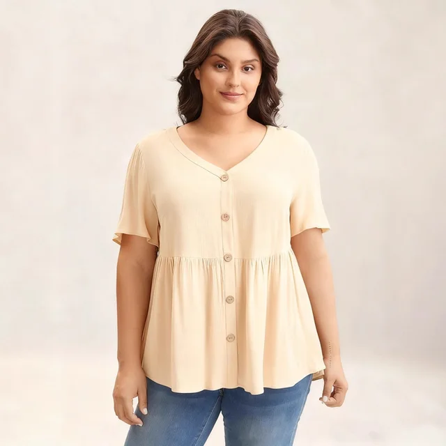 Simple Loose Slimming Women's V neck Shirt Apricot - Shop at LoveMi