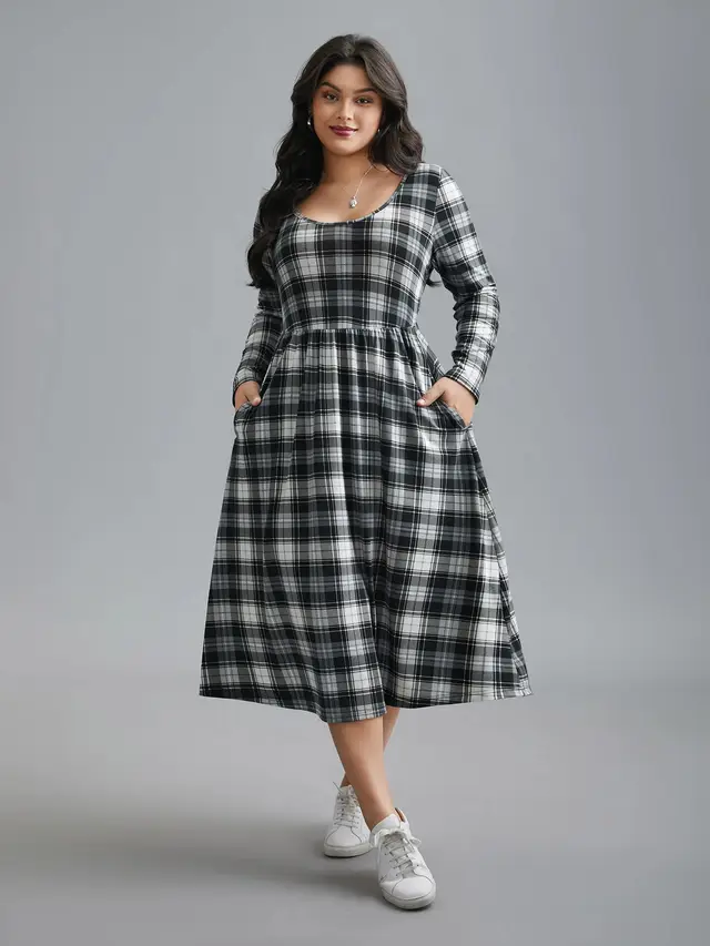 Loose Casual Pleated Plaid Round Neck Pocket Women's Dress White And Black Plaid - Shop at LoveMi