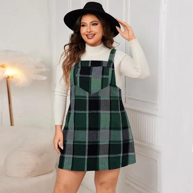 New Plaid Suspender Plus size Loose Suspender Dress Green - Shop at LoveMi