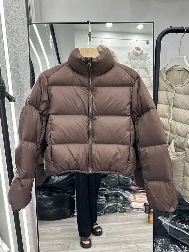 Women's Short Solid Color High waisted Stand collar Padded Cotton Coat Brown - Shop at LoveMi