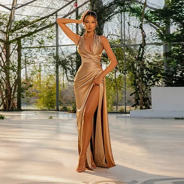 Luxury Style Sexy Slim fit Pleated Deep V Satin Dress Champagne Beige - Shop at LoveMi