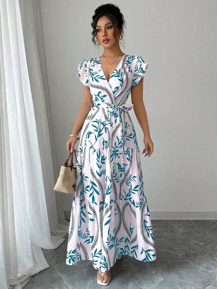 Lace-up Floral Short-sleeve Frilly Elegant A-line Skirt - Peacock Blue - View 1